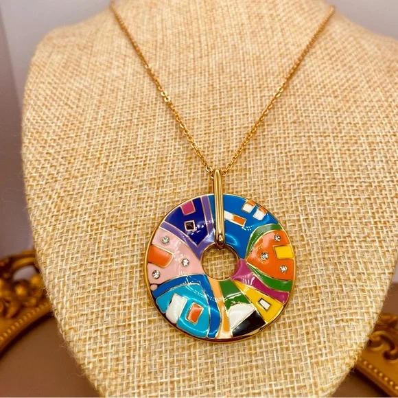 18K Gold Titanium Enamel Positano Village Medallion Pendant Dainty Necklace - Picture 3 of 9